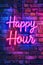 Vibrant pink Happy Hour neon sign against a brick wall.