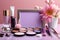 Vibrant pink setting showcases diverse cosmetics, room for custom text