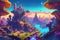 A vibrant, pixelated landscape of a fantastical gaming world generated by Ai