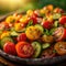 A vibrant plate of mixed cherry tomatoes and sliced cucumbers, seasoned with herbs, in natural sunlight