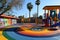 A vibrant playground featuring a play structure and slides, offering endless enjoyment for children, A community-built playground