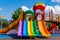 A vibrant playground featuring a slide and play structure with children playing and exploring in a lively setting, A merry