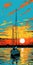Vibrant Pop Art Sail Boat Illustration: J 80 In San Francisco Harbor At Sunset