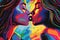 A vibrant pop art-style illustration of two women kissing against a bright, colorful background