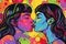 A vibrant pop art-style illustration of two women kissing against a bright, colorful background