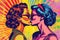 A vibrant pop art-style illustration of two women kissing against a bright, colorful background