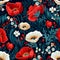 Vibrant poppy flower blooms seamless pattern in top view, floral design for textiles and more