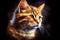 A vibrant portrait of an orange cat against a dark background, capturing its curious and playful personality, generative