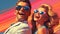 Vibrant portrait in pop art style of laughing couple in sunglasses, playful comic book aesthetics