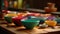 Vibrant pottery collection decorates kitchen table indoors generated by AI