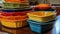 Vibrant pottery collection on wooden kitchen shelf generated by AI
