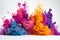 vibrant powder dyes frozen mid-explosion against a stark white background