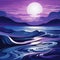 Vibrant Purple Moon And Waves Modernism Seascape Abstract
