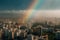 A vibrant rainbow arcs across the sky, casting its colorful hues over the bustling city below