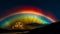 A vibrant rainbow arcs across the sky over a planet at horizon.