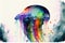 Vibrant rainbow color jellyfish in watercolor splashing painting