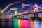 A vibrant rainbow-colored bridge spanning across a vast expanse of water, View of Tokyo Bay, Rainbow Bridge, and Tokyo Tower