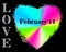 Vibrant rainbow colored Valentine heart on black background. The words LOVE and FEBRUARY 14