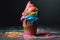 Vibrant Rainbow Cone of Ice cream. Colorful Vibrant ice cream cone on a dark background. Ai generated