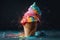 Vibrant Rainbow Cone of Ice cream. Colorful Vibrant ice cream cone on a dark background. Ai generated