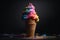 Vibrant Rainbow Cone of Ice cream. Colorful Vibrant ice cream cone on a dark background. Ai generated