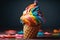 Vibrant Rainbow Cone of Ice cream. Colorful Vibrant ice cream cone on a dark background. Ai generated