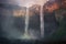 vibrant rainbow forming near the mist of a towering waterfall