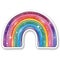 A vibrant rainbow sticker with stars in an oval shape on a white background