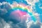A vibrant rainbow stretches across the sky, with fluffy clouds serving as the backdrop, A vibrant rainbow ending in heart-shaped