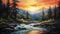 Vibrant Realism: Sunrise At The River - Digital Fantasy Landscape Oil Painting