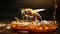 Vibrant realistic bee perched on honey pot. AI generated