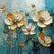 Vibrant And Realistic White Flower Painting With Gold And Blue Leaves