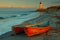 A vibrant red boat peacefully rests upon a sandy beach, contrasting against the natural hues of the environment