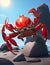 A vibrant red crab perched atop a sun-bleached stone, its claws outstretched in a defiant stance.