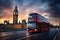 A vibrant red double decker bus making its way down a busy city street, surrounded by buildings and traffic, Double-decker bus