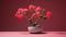 Vibrant Red Geranium Bonsai Tree On Pink Background - Japanese Photography Style