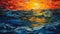 Vibrant Reflections: A Sunset Castaway\'s View of Orange, Blue, and Yellow Sky Over the Ocean Waves