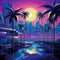 Vibrant retro 80\\\'s neon background essence of a bygone era, complete with palm trees and a mesmerizing sunset.