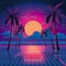 Vibrant retro 80\\\'s neon background essence of a bygone era, complete with palm trees and a mesmerizing sunset.