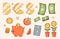 Vibrant Retro Cartoon Business And Finance Vector Icons Set. Money Flower, Piggy Bank And Credit Card, Euro, Pie Chart