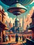 Vibrant Retro-Futuristic Cityscape with Hovering UFOs and Bustling Crowd