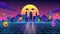 Vibrant Retro Futuristic Cityscape with Smiley Faces at Sunset