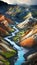 Vibrant rhyolite mountains and winding river in Iceland. Landmannalaugar Multicolored Rhyolite Peaks