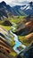 Vibrant rhyolite mountains and winding river in Iceland. Landmannalaugar Multicolored Rhyolite Peaks