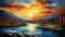 Vibrant River Sunset: Exaggerated Palette Knife Oil Painting
