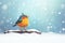 vibrant robin against a snowy backdrop with falling snow