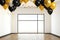 A vibrant room adorned with an array of colorful balloons and streamers hanging from the ceiling, Grand opening invitation banner