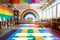 A vibrant room adorned with a multitude of colorful rugs and various tables, An empty kindergarten classroom decorated with