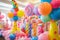 A vibrant room filled with a multitude of balloons and an assortment of candy, Candyland themed balloons for a sweet birthday