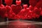A vibrant room packed with numerous heart-shaped balloons in a striking shade of red., A sea of heart balloons invite a joyous